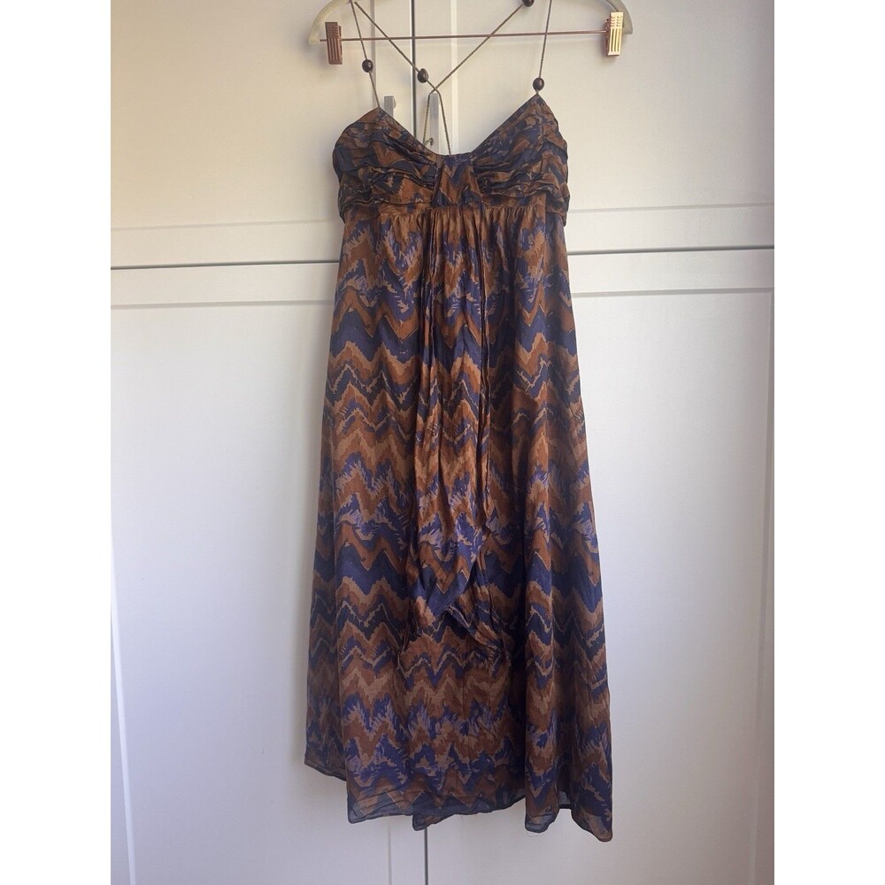Banana Republic Strapless Dress Sz 14 Cotton Lined Brown Blue Zigzag Print Beads